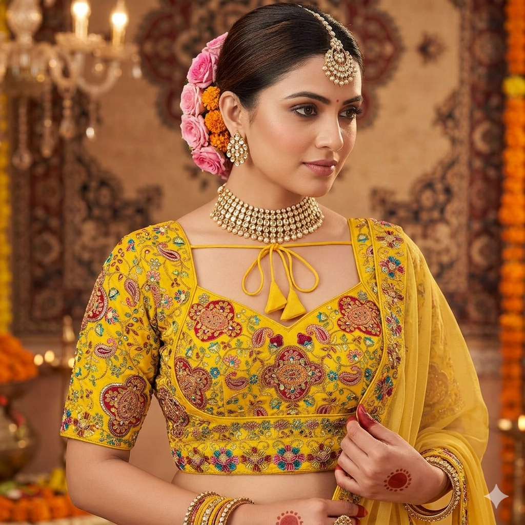 Yellow Pure Heavy Natural Crape Madhubala Style Bridal Blouse