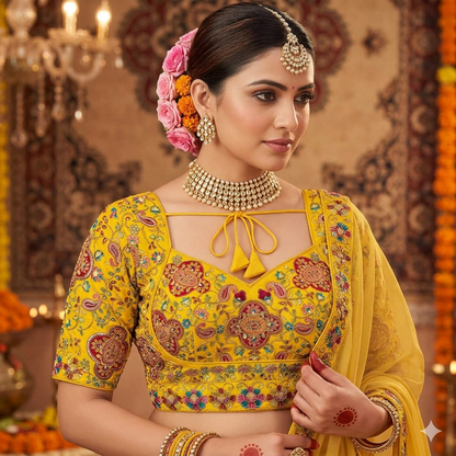 Yellow Pure Heavy Natural Crape Madhubala Style Bridal Blouse