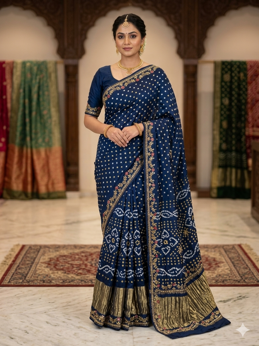 Navy Blue Pure Gaji Silk Original Bandhani With Gota Pati Hand Work Gajji Silk Saree