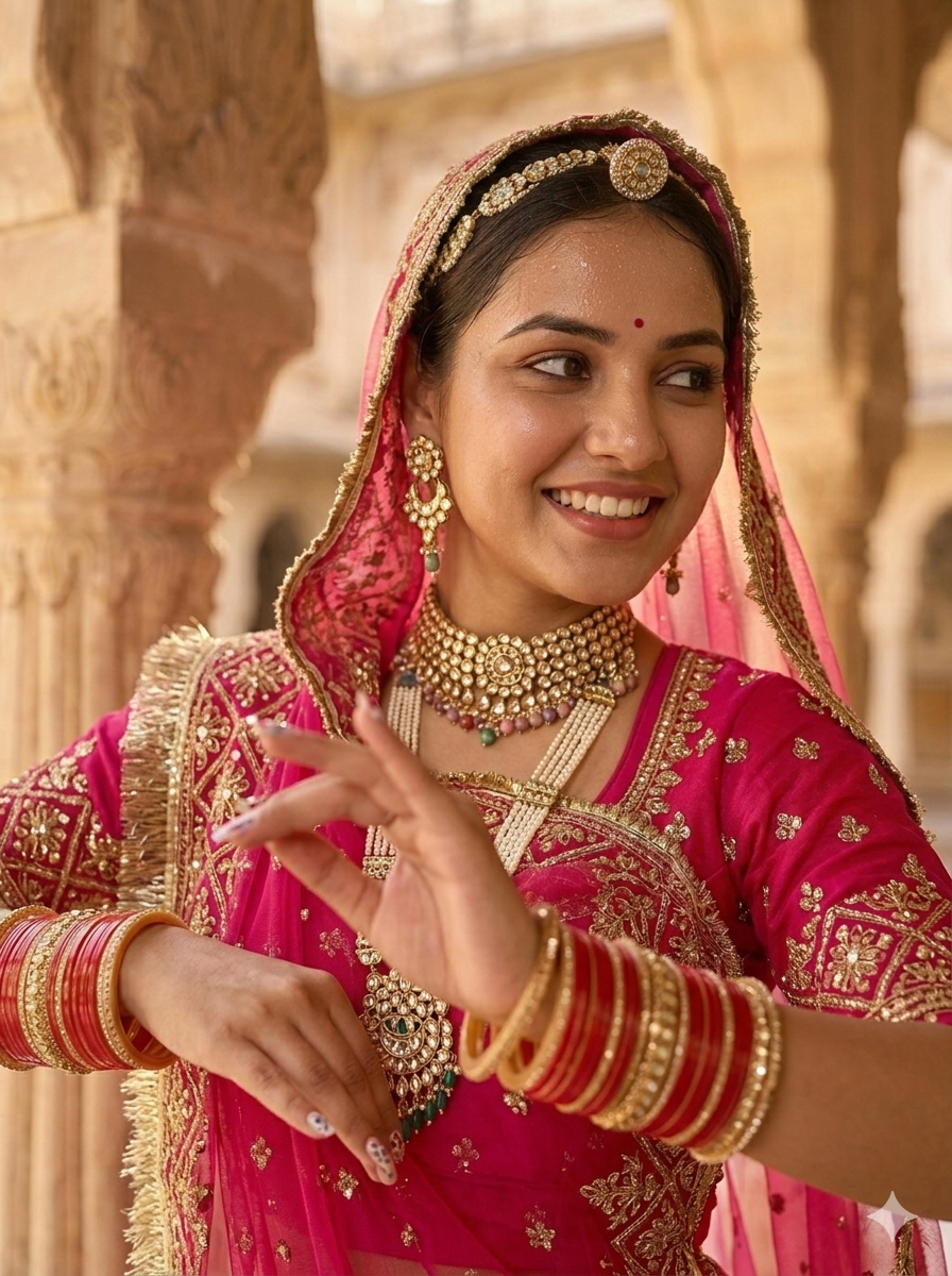 Rani Pink Pure Georgette Lahariya Print 16 Kali Flair With Gotta Patti Rajasthani Rajputi Lehenga Choli