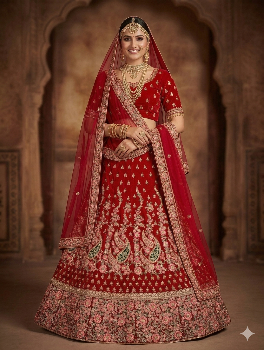 Red Pure Soft Velvet Heavy Embroidery Patch Work Bridal Lehenga Choli