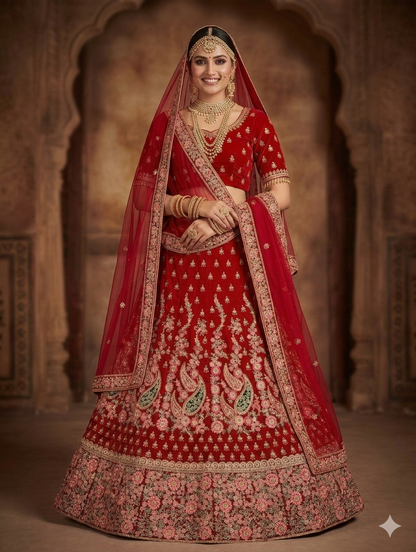 Red Pure Soft Velvet Heavy Embroidery Patch Work Bridal Lehenga Choli