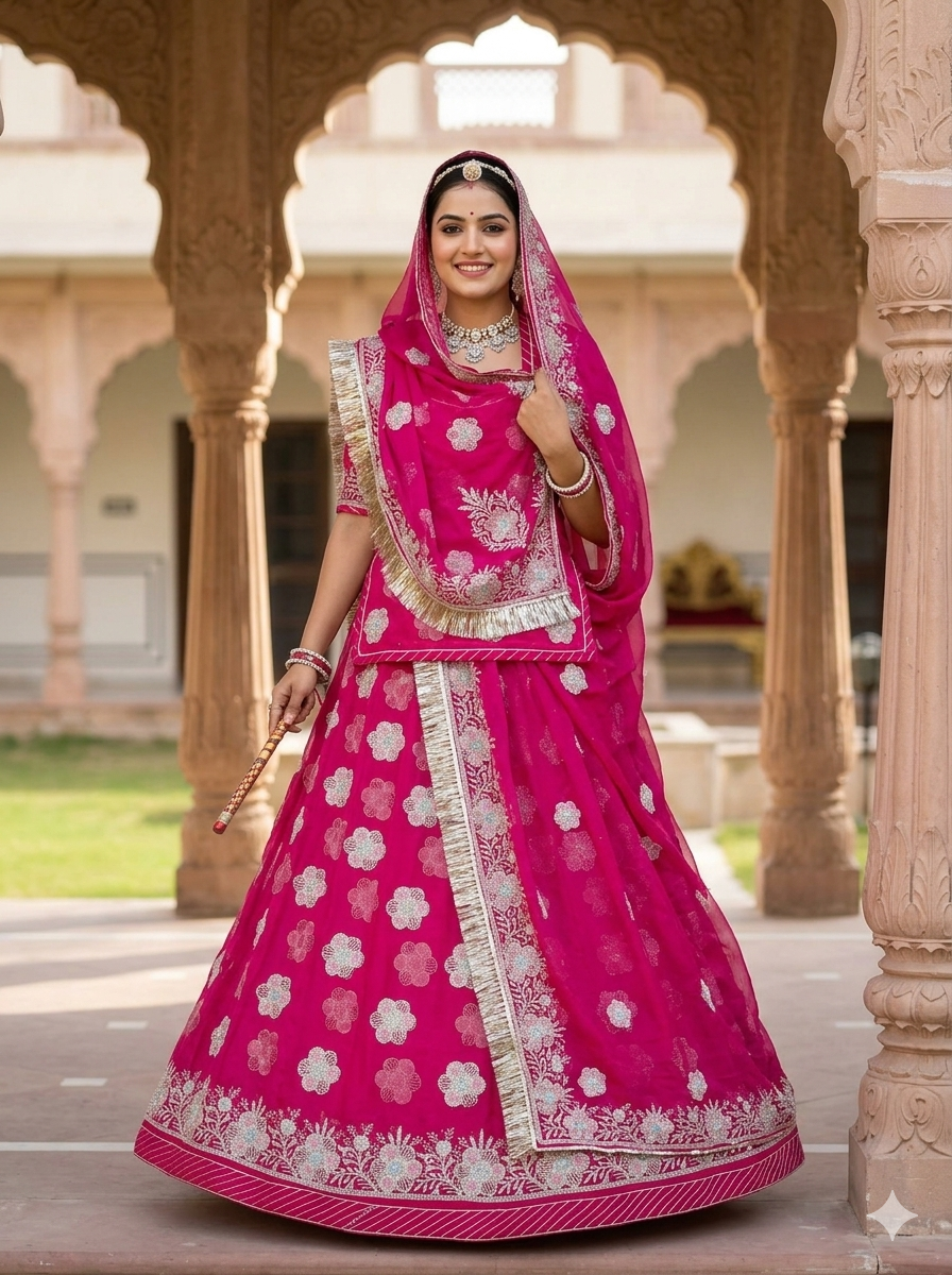 Rani Pure Gold Crush 05 Mtr Flair Lehariya Chunni Rajasthani Rajputi Lehenga Choli