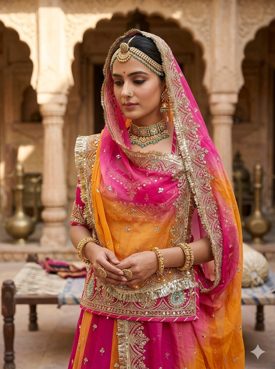 Pink &amp; Orange Pure Georgette Lahariya Print 16 Kali Flair With Gotta Patti Rajasthani Rajputi Lehenga Choli