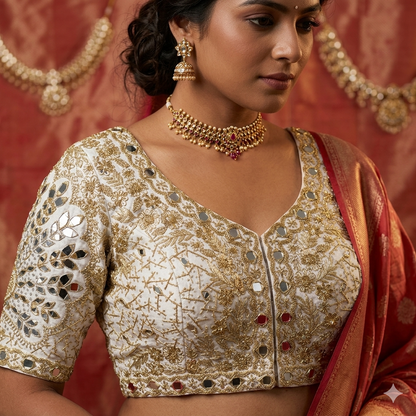 White Pure Heavy Jari Sequence Peacock Real Mirror Work Bridal Blouse