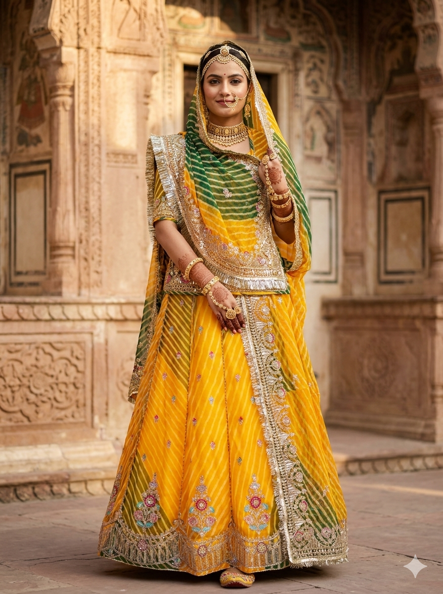 Yellow Pure Georgette Lahariya Print 05 Mte Flair With Gotta Patti Rajasthani Rajputi Lehenga Choli