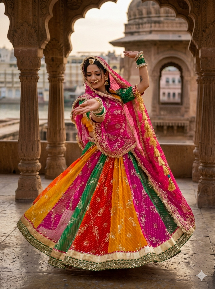 Multi Pure Georgette 08 Mtr Flair With Gotta Patti Rajasthani Rajputi Lehenga Choli