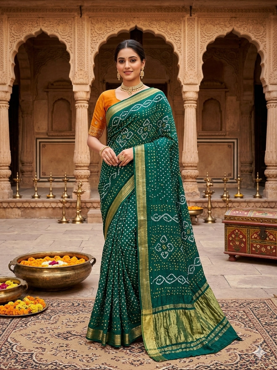 Green Pure Gaji Silk Bandhani With Gota Pati Lagdi Patta Bandhani Saree