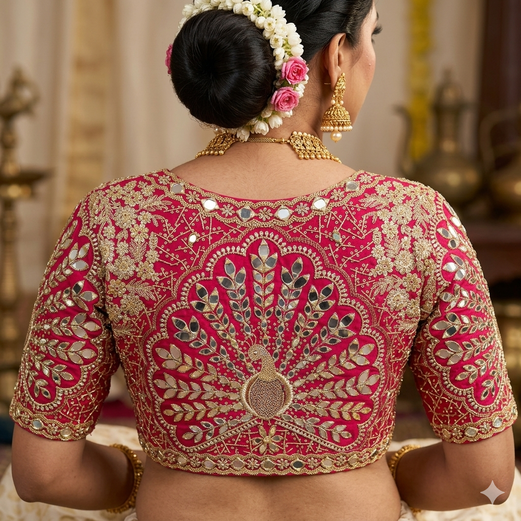 Rani Pure Heavy Jari Sequence Peacock Real Mirror Work Bridal Blouse