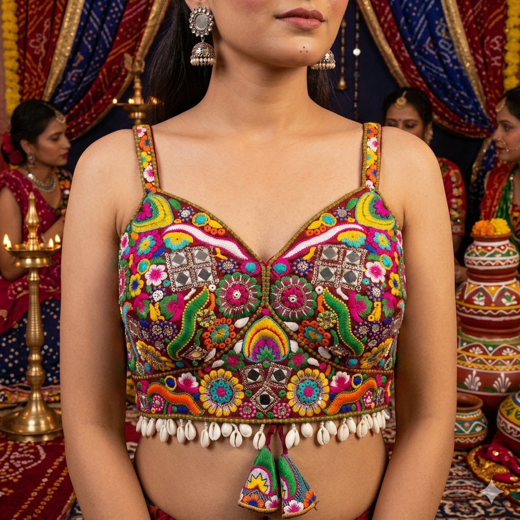 Maroon Pure Heavy Italian Soft Silk Real Mirror Thread &amp; Kaudi Work Navratri Blouse