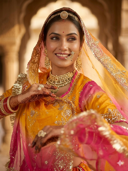Yellow &amp; Orange Pure Georgette Lahariya Print 16 Kali Flair With Gotta Patti Rajasthani Rajputi Lehenga Choli