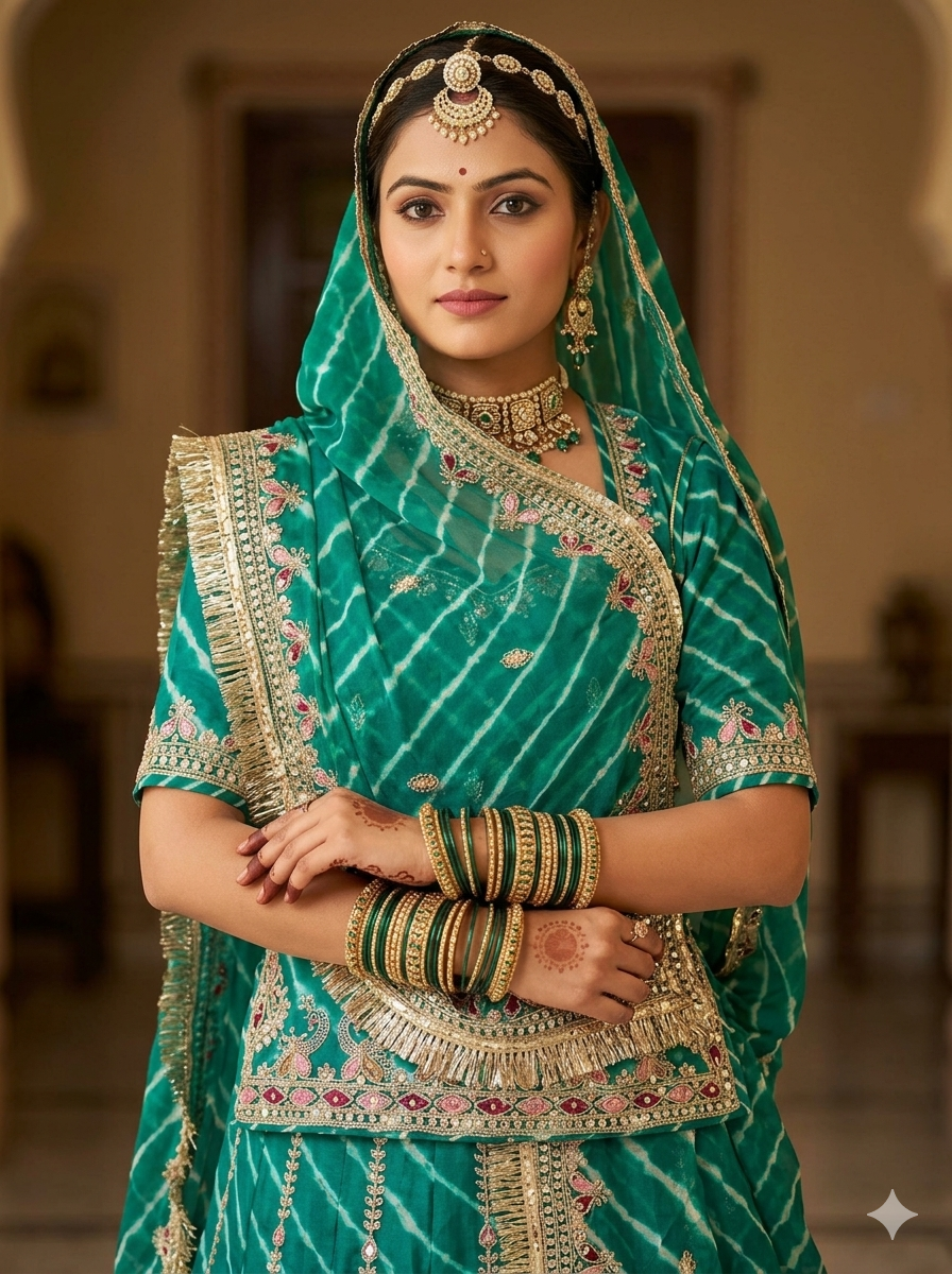 Green Pure Georgette Lehariya Chunni Rajasthani Chaniya Choli