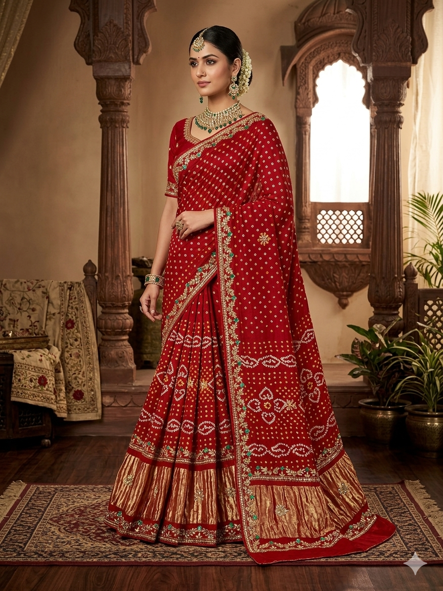 Red Pure Gaji Silk Original Bandhani With Gota Pati Hand Work Gajji Silk Saree