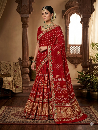 Red Pure Gaji Silk Original Bandhani With Gota Pati Hand Work Gajji Silk Saree