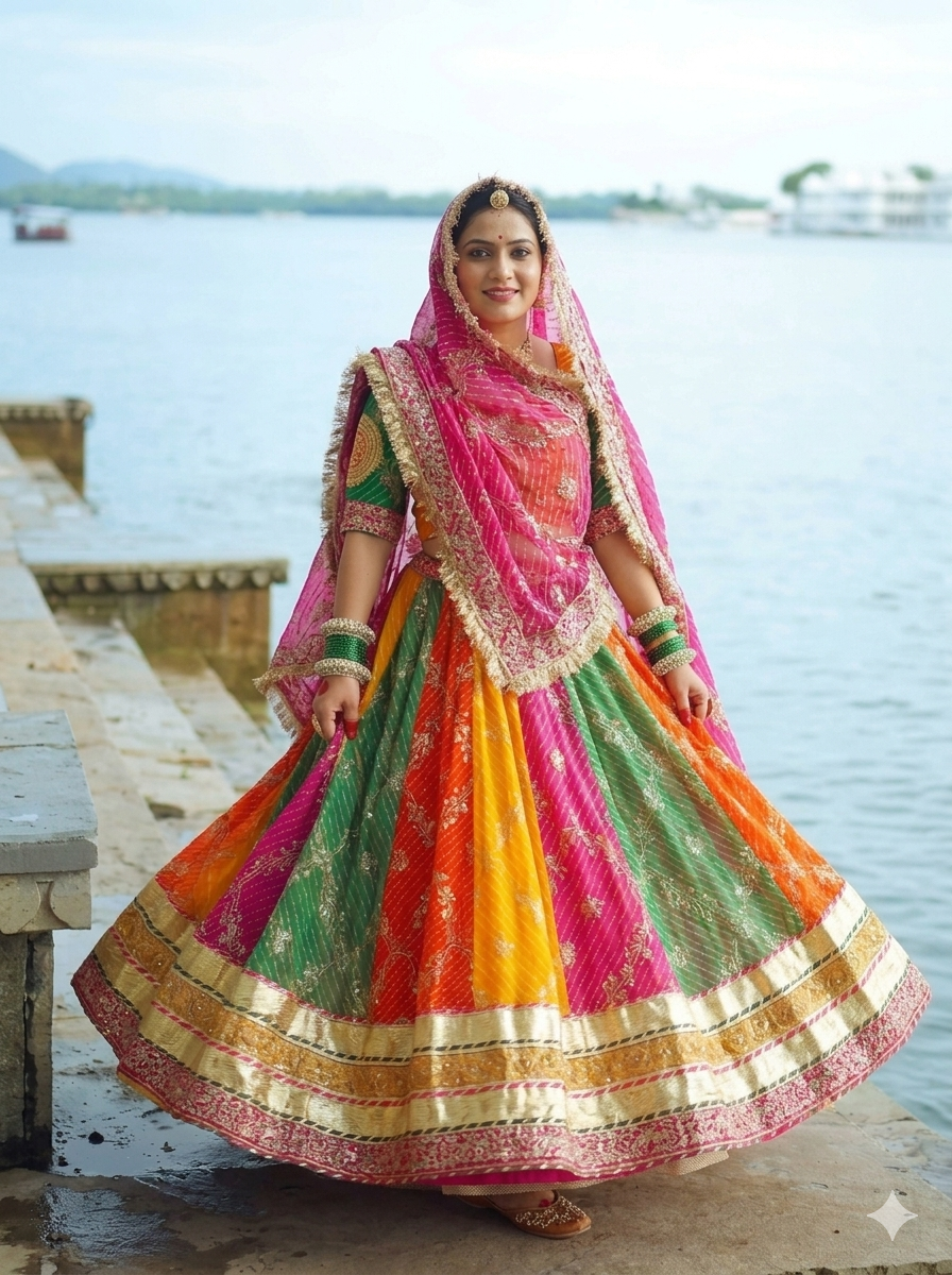 Multi Pure Georgette 08 Mtr Flair With Gotta Patti Rajasthani Rajputi Lehenga Choli