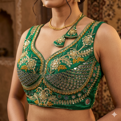 Green Pure Heavy Real Mirror Thread &amp; Kaudi Wok Bridal Blouse