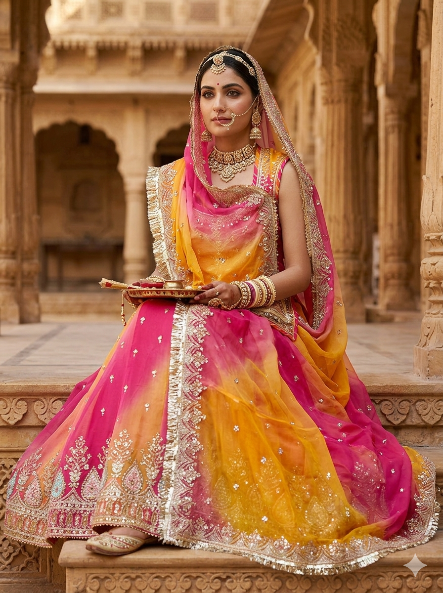 Pink &amp; Orange Pure Georgette Lahariya Print 16 Kali Flair With Gotta Patti Rajasthani Rajputi Lehenga Choli