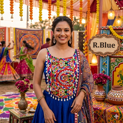 Royal Blue Pure Soft Cotton Thread with Kaudi Hand Mirror Work Navratri Blouse