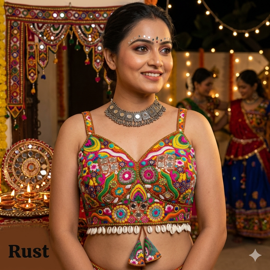 Rust Pure Heavy Italian Soft Silk Real Mirror Thread &amp; Kaudi Work Navratri Blouse