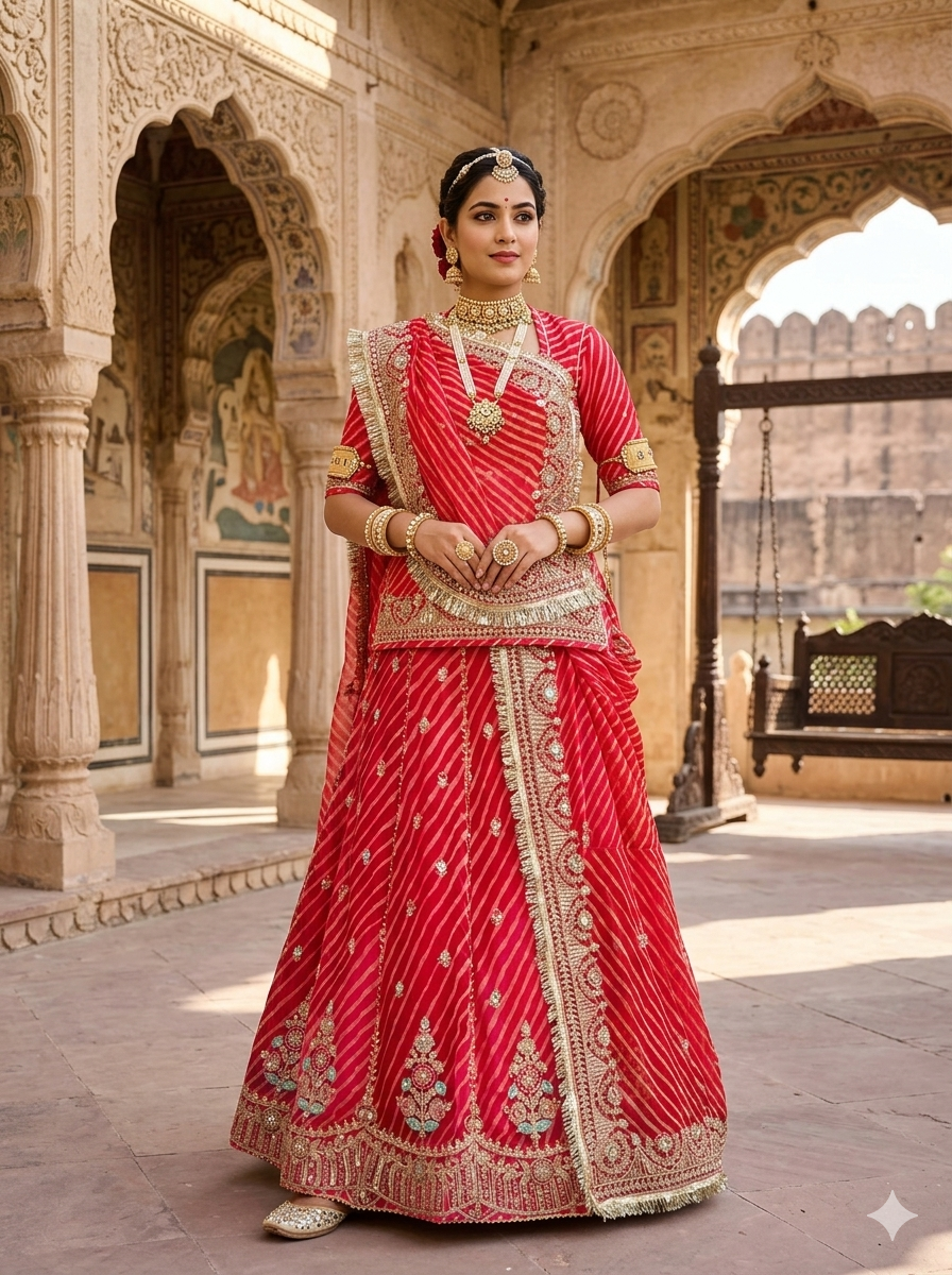 Red Pure Georgette Lahariya Print 05 Mte Flair With Gotta Patti Rajasthani Rajputi Lehenga Choli
