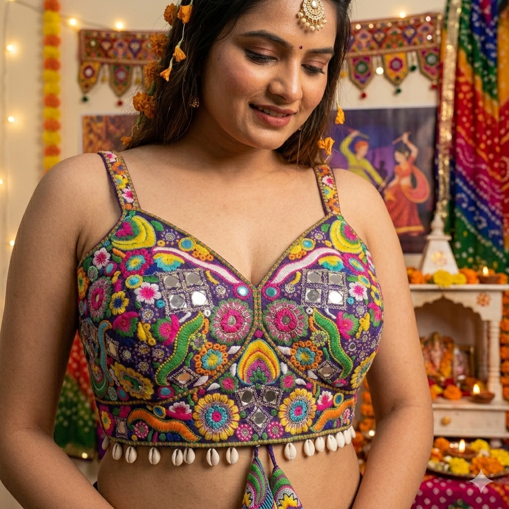 Purple Pure Heavy Italian Soft Silk Real Mirror Thread &amp; Kaudi Work Navratri Blouse