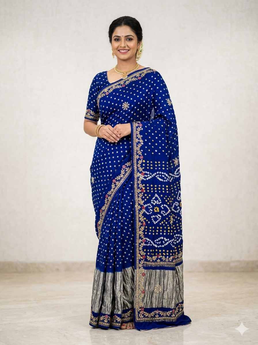 Blue Pure Gaji Silk Original Bandhani With Gota Pati Hand Work Gajji Silk Saree