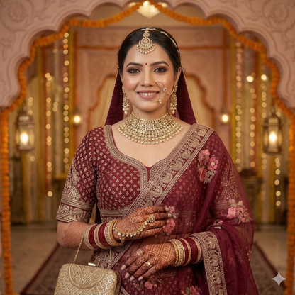 Maroon Pure Soft Velvet Heavy Embroidery Patch Work Bridal Lehenga