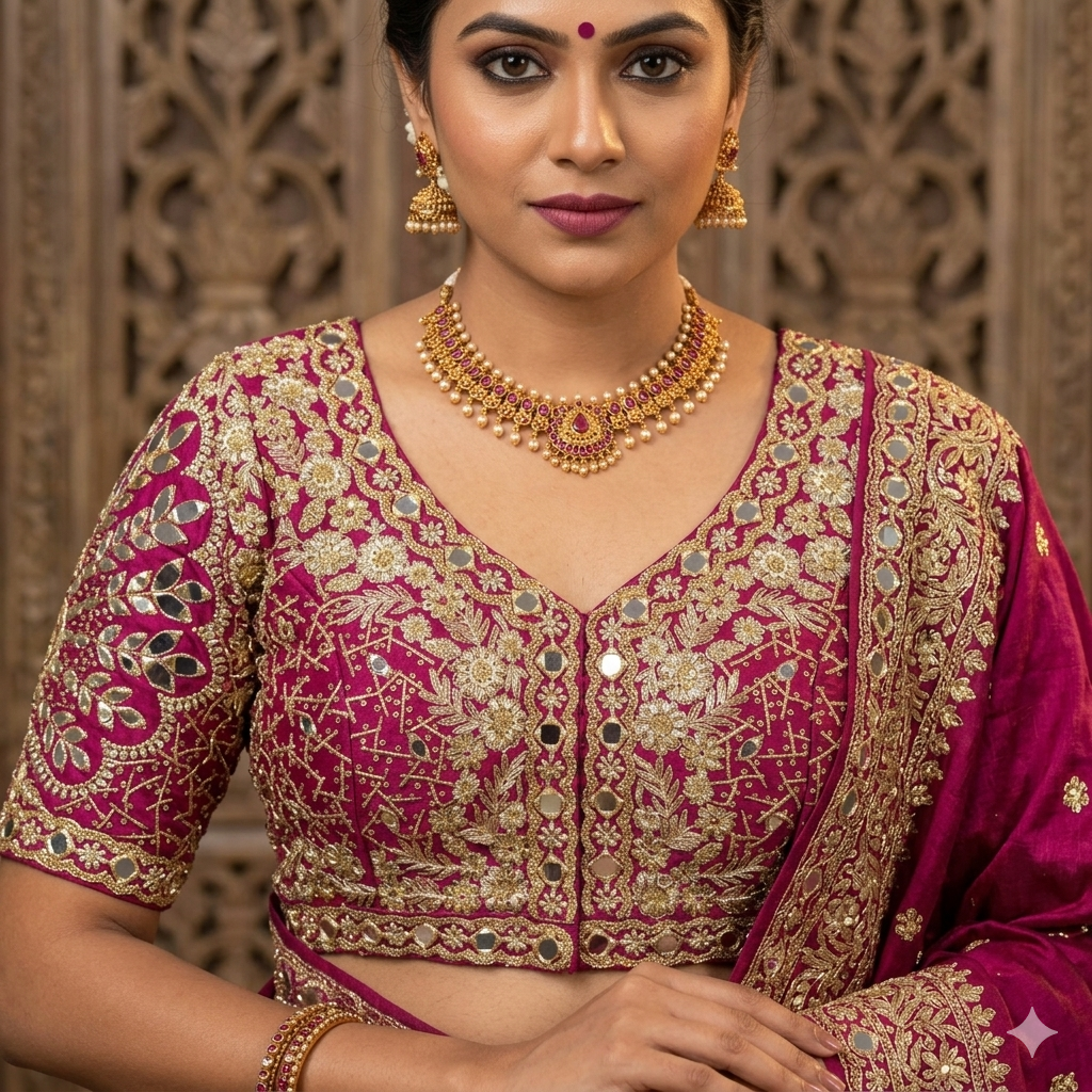Magenta Pure Heavy Jari Sequence Peacock Real Mirror Work Bridal Blouse