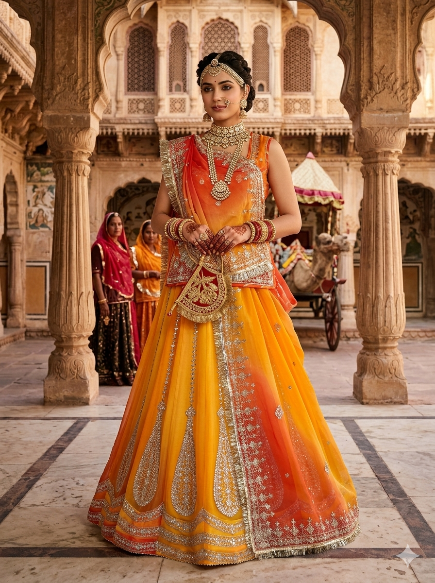 Yellow Pure Semi Georgette Lahariya Print Gotta Patti Rajasthani Rajputi Lehenga Choli