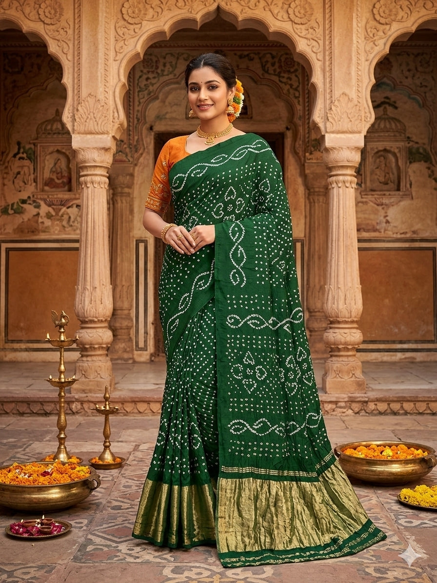 Green Pure Gaji Silk Bandhani With Gota Pati Lagdi Patta Bandhani Saree