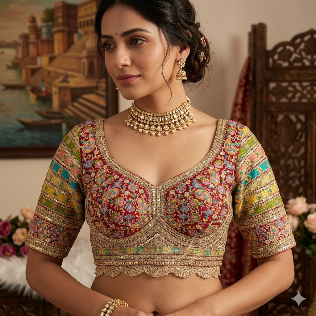 Red Pure Fox Georgette Kashmiri Work Sabyasachi Inspired Bridal Blouse