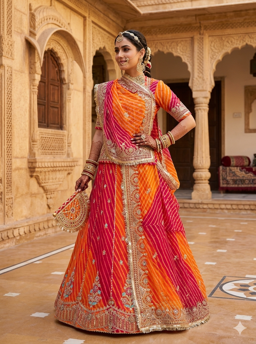 Orange Pure Semi Georgette Lahariya Print 05 Mte Flair With Gotta Patti Rajasthani Rajputi Lehenga Choli