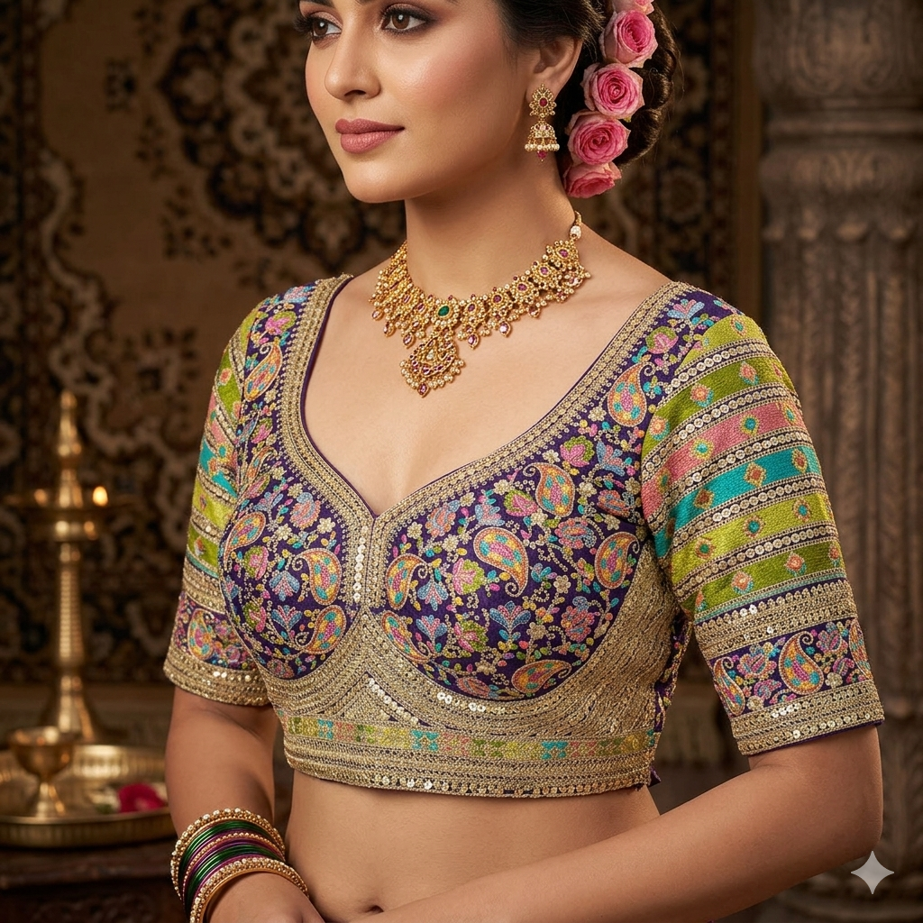 Purple Pure Fox Georgette Kashmiri Work Sabyasachi Inspired Bridal Blouse