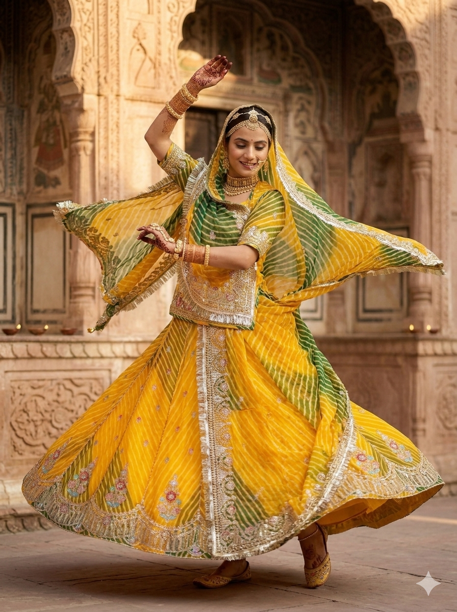 Yellow Pure Georgette Lahariya Print 05 Mte Flair With Gotta Patti Rajasthani Rajputi Lehenga Choli