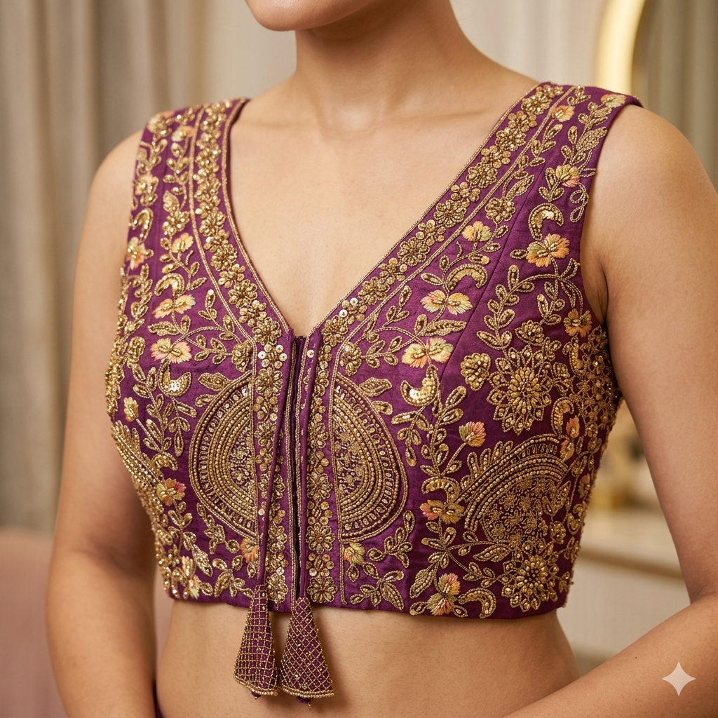 Wine Pure Soft Italian Silk Heavy Codding Sequins Work Bridal Blouse