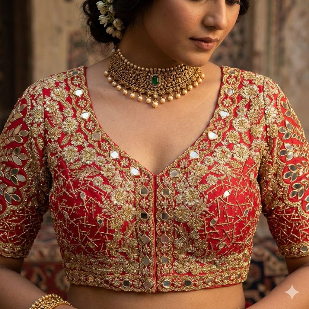 Red Pure Heavy Jari Sequence Peacock Real Mirror Work Bridal Blouse