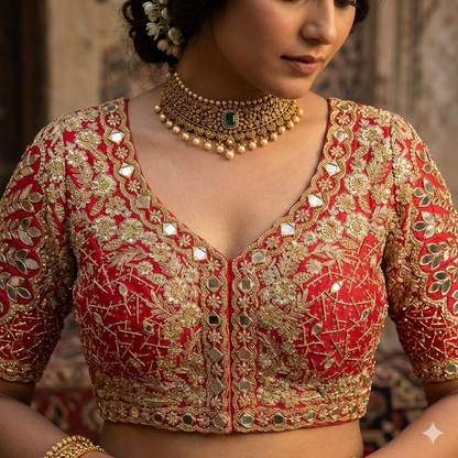 Red Pure Heavy Jari Sequence Peacock Real Mirror Work Bridal Blouse