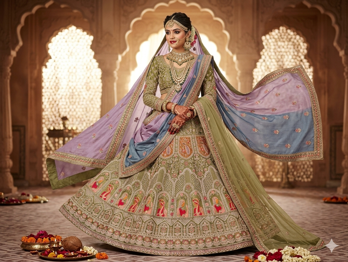 Mehandi Pure Soft Velvet Heavy Embroidery Patch Work Bridal Lehenga Choli