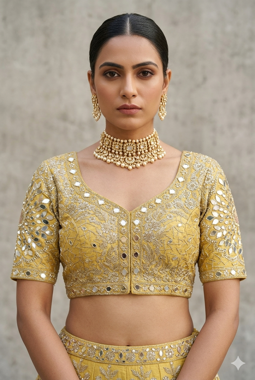 Gold Pure Heavy Jari Sequence Peacock Real Mirror Work Bridal Blouse