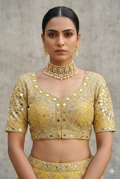 Gold Pure Heavy Jari Sequence Peacock Real Mirror Work Bridal Blouse