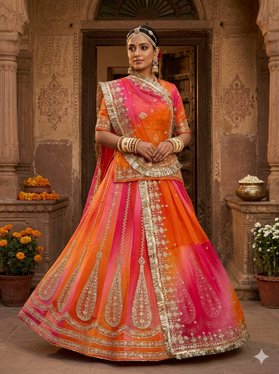 Orange Pink Pure Semi Georgette Lahariya Print Gotta Patti Rajasthani Rajputi Lehenga Choli