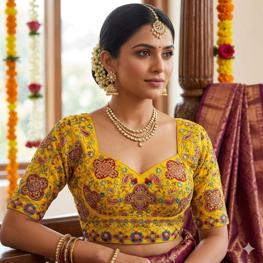 Yellow Pure Heavy Natural Crape Madhubala Style Bridal Blouse