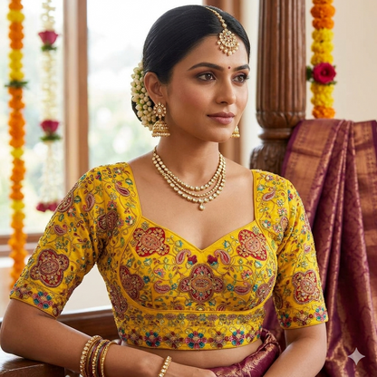 Yellow Pure Heavy Natural Crape Madhubala Style Bridal Blouse