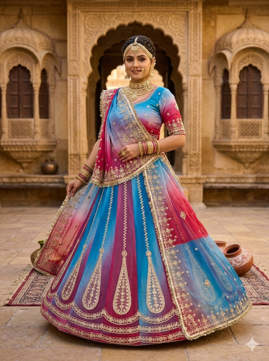 Sky Blue Pure Semi Georgette Lahariya Print Gotta Patti Rajasthani Rajputi Lehenga Choli