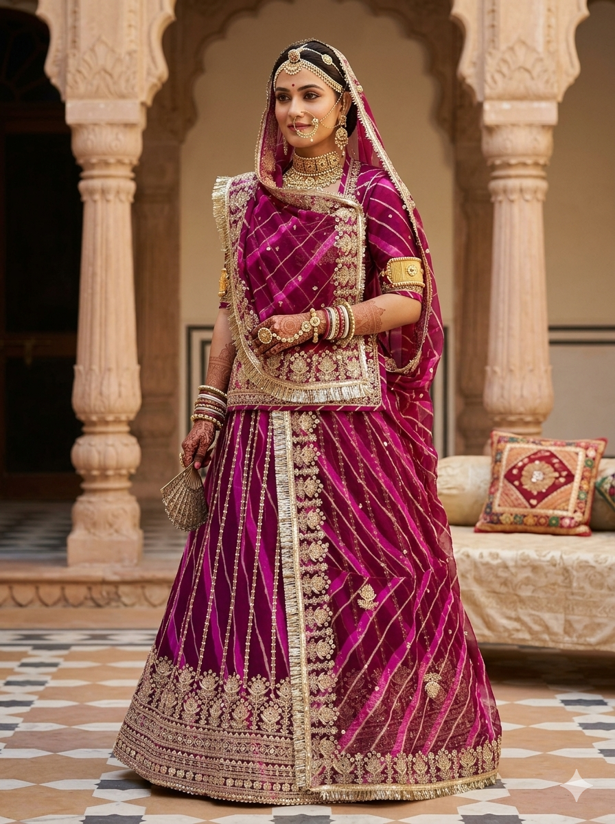 Magenta Pure Semi Georgette Lahariya Print Gotta Patti Rajasthani Rajputi Lehenga Choli