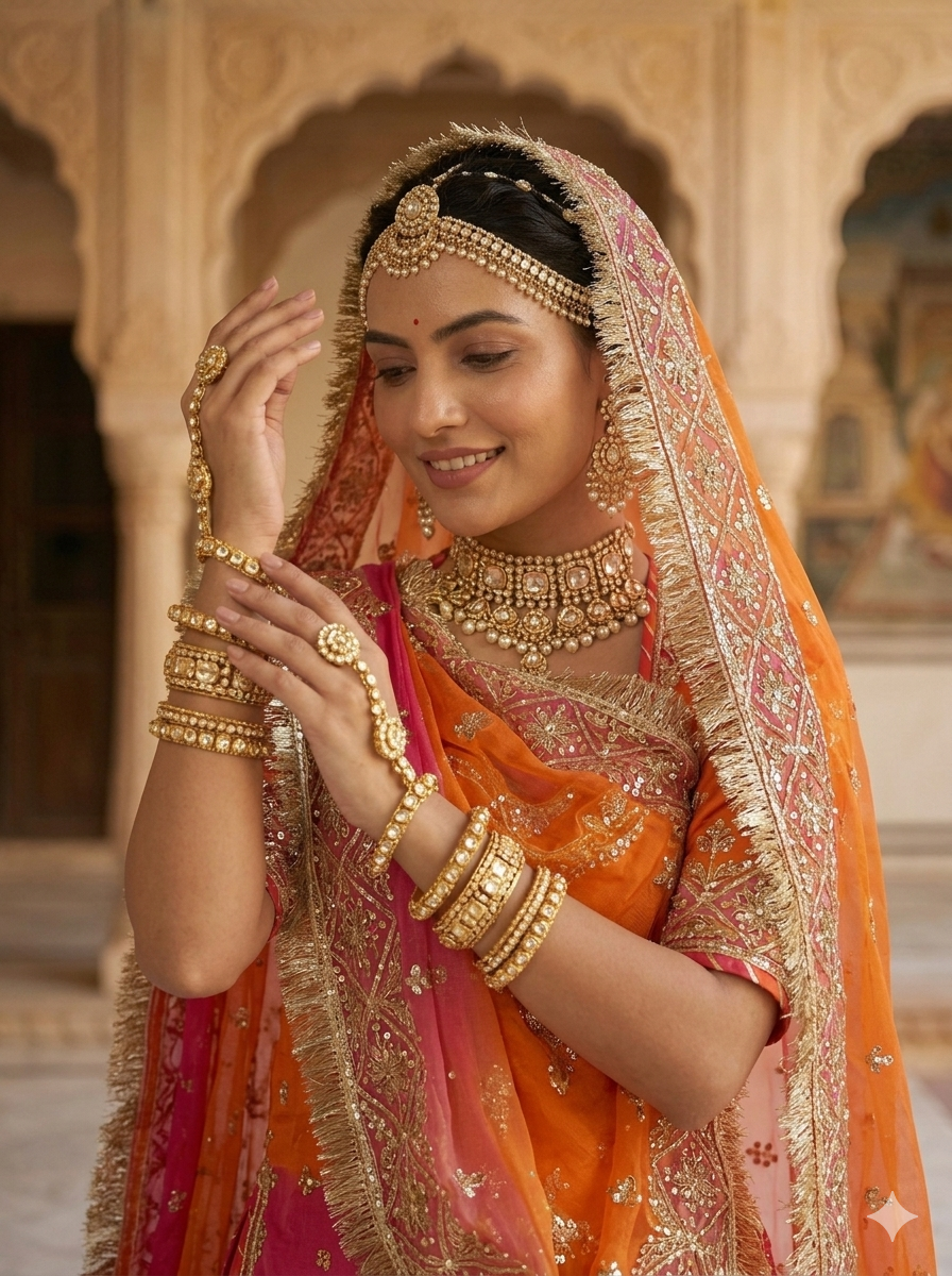 Orange &amp; Pink Pure Georgette Lahariya Print 16 Kali Flair With Gotta Patti Rajasthani Rajputi Lehenga Choli