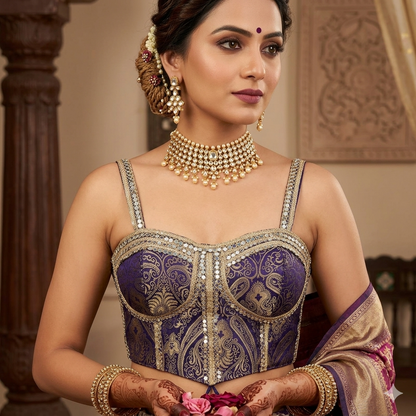 Purple Pure Heavy Banarasi With Real Mirror Work Bridal Blouse