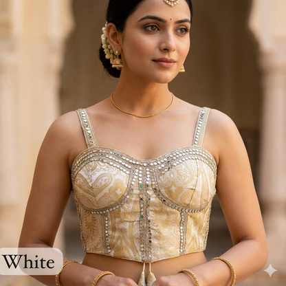 White Pure Heavy Banarasi With Real Mirror Work Bridal Blouse