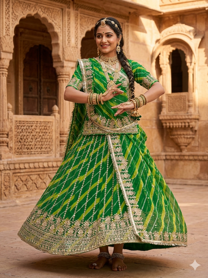 Green Pure Semi Georgette Lahariya Print Gotta Patti Rajasthani Rajputi Lehenga Choli