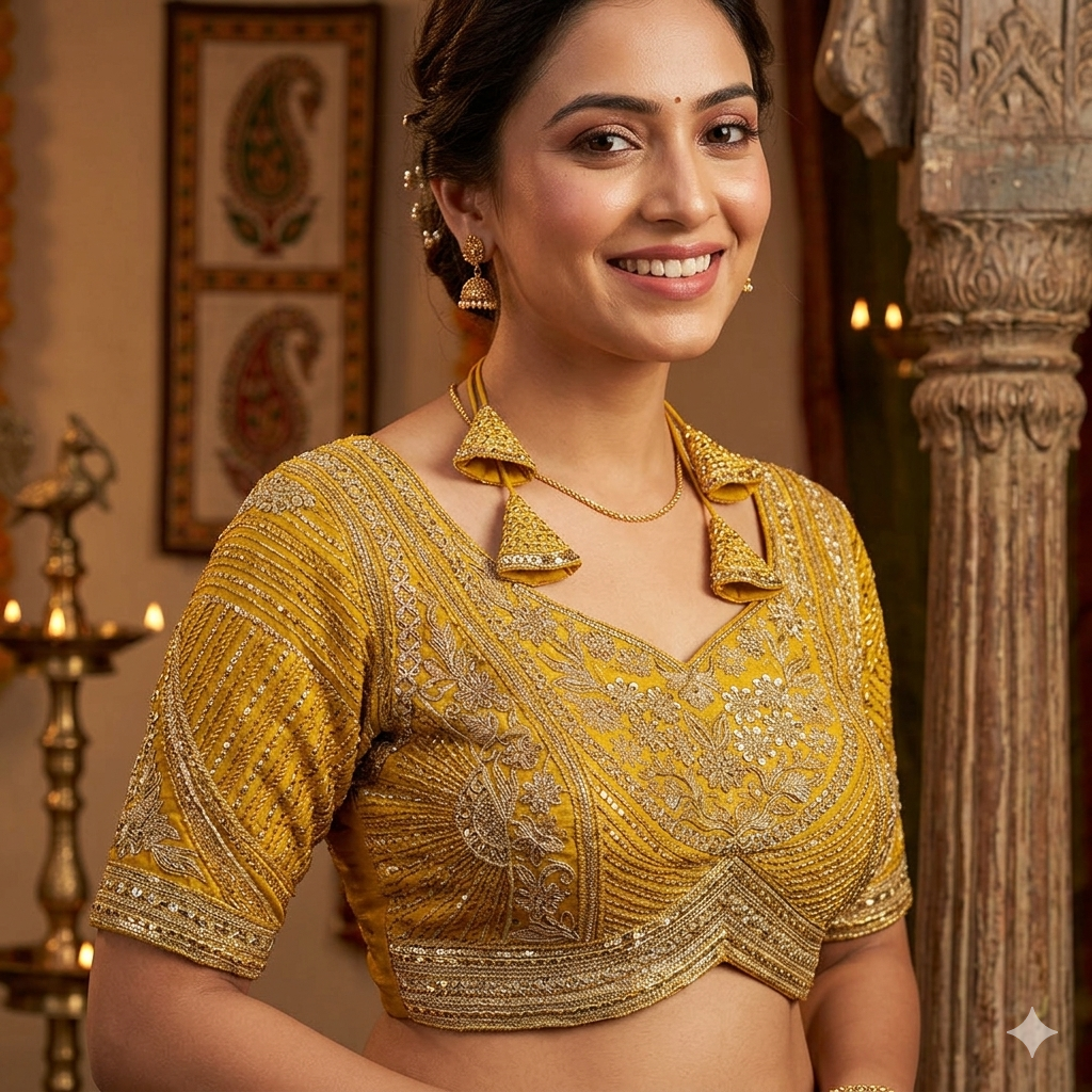 Mustard Pure Italian Jari Heavy Codding Sequence Work Bridal Blouse